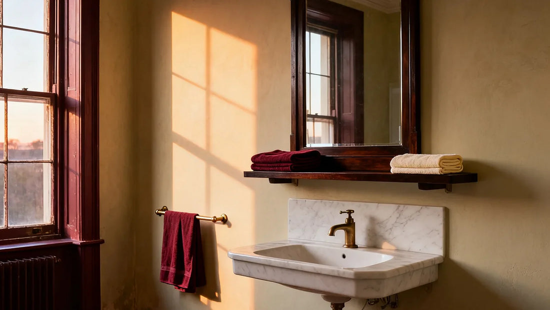 A quiet European bathroom in low morning sunlight, with burgundy and cream towels folded on a walnut shelf above a marble washbasin