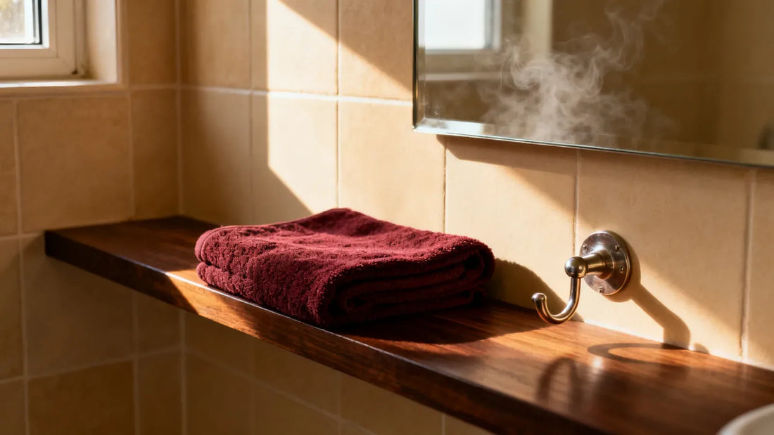 A folded burgundy towel on a dark wood shelf in a sunlit bathroom, with steam on the mirror: the start of a morning hair routine