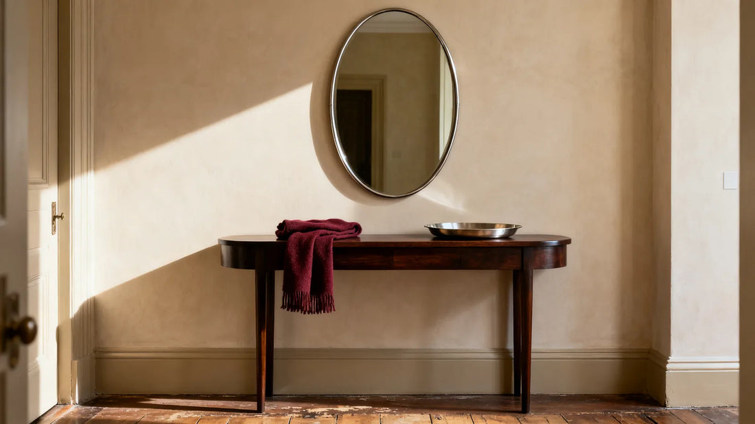 Morning light falls across a cream plaster wall in a quiet entrance hall, with an oval mirror above a dark wood console holding a folded burgundy scarf and an empty steel tray