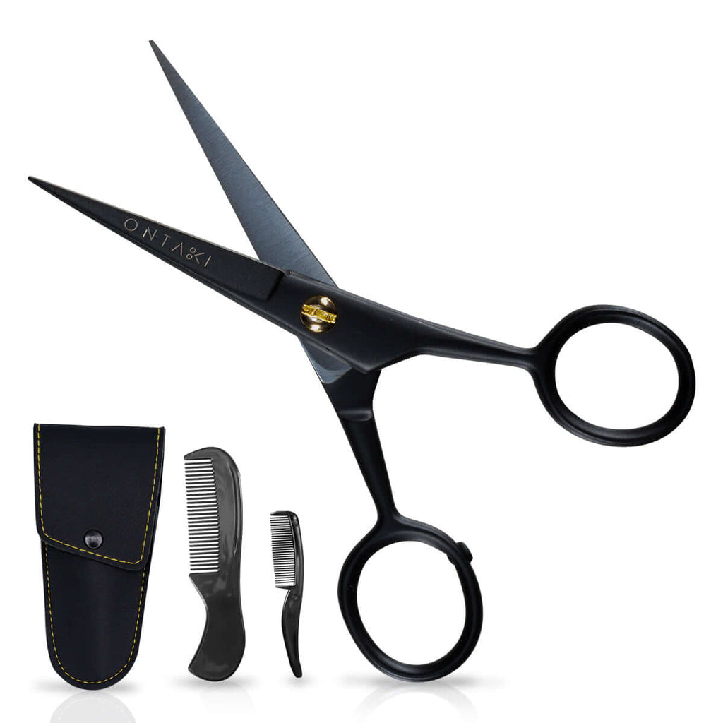 Black scissors with a sheath, comb, and smaller scissors on a white background