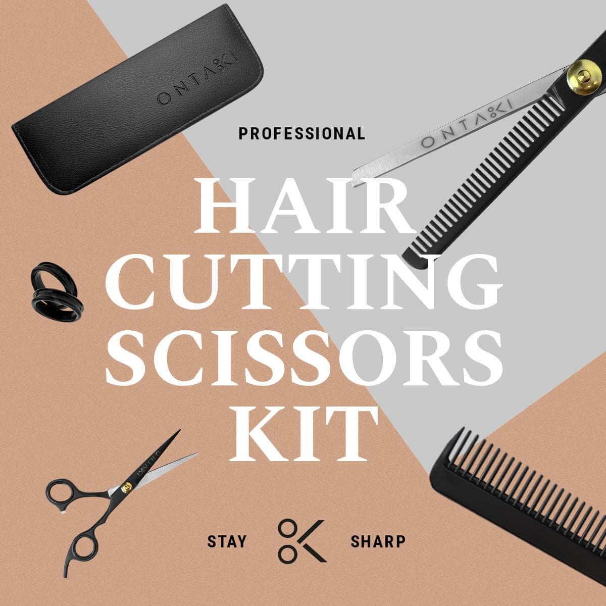 Hair cutting scissors kit with scissors, comb, and case on a geometric background