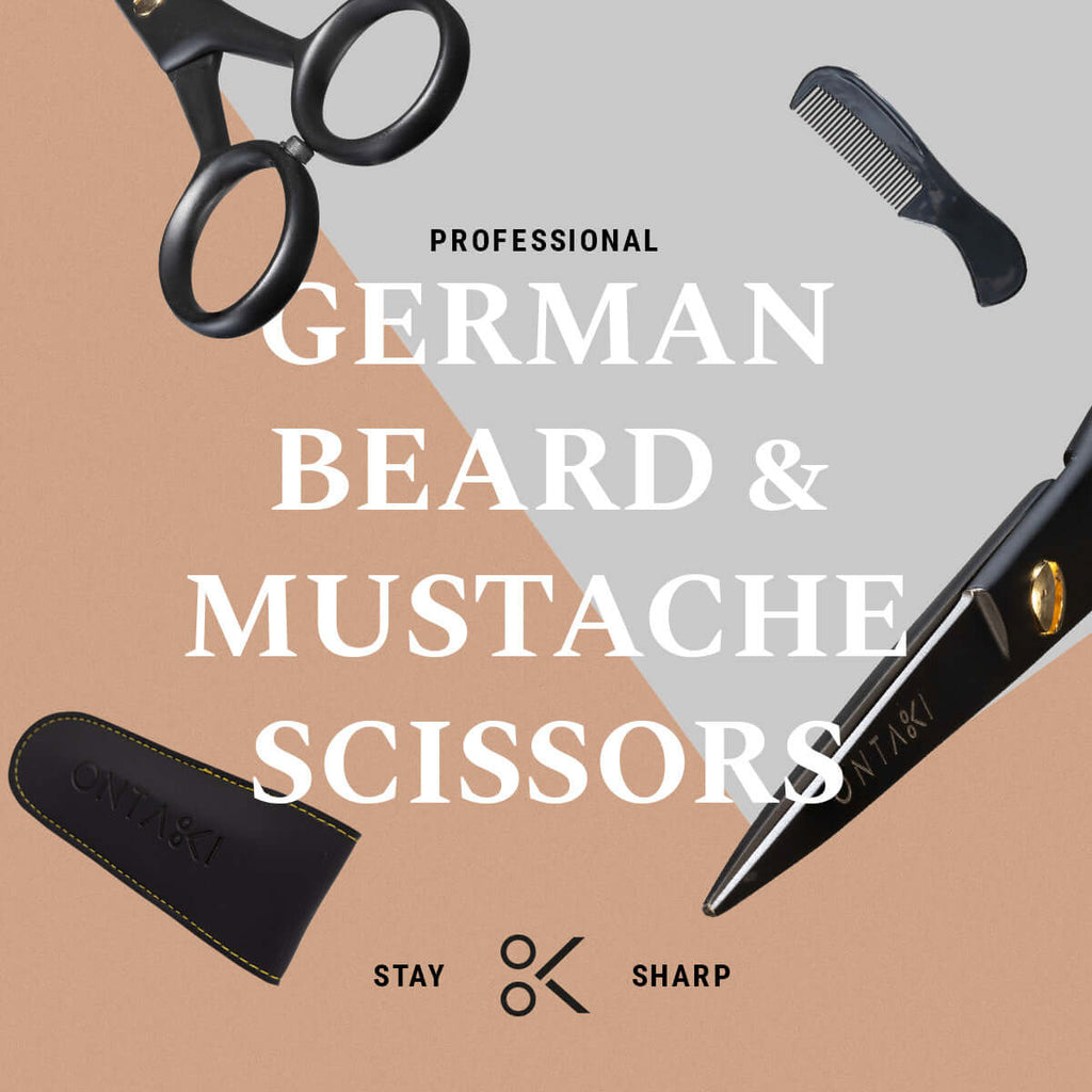 Set of professional beard and mustache scissors with a comb and sheath on a beige and gray background