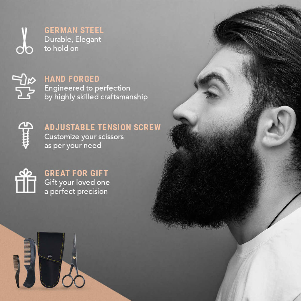 Man with a beard and grooming tools on a gray background with text about German steel scissors