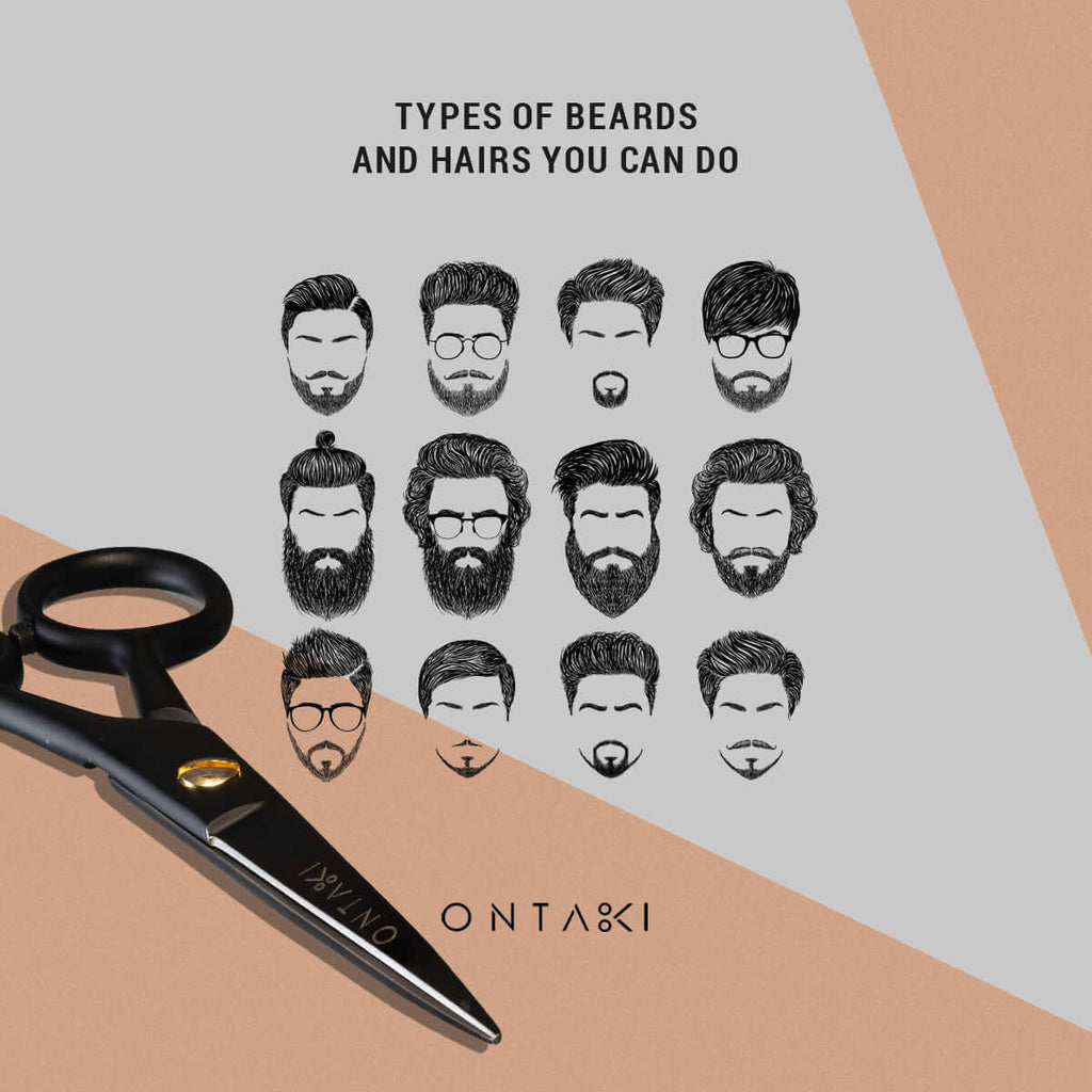 Illustrations of different beard styles with a pair of scissors 
