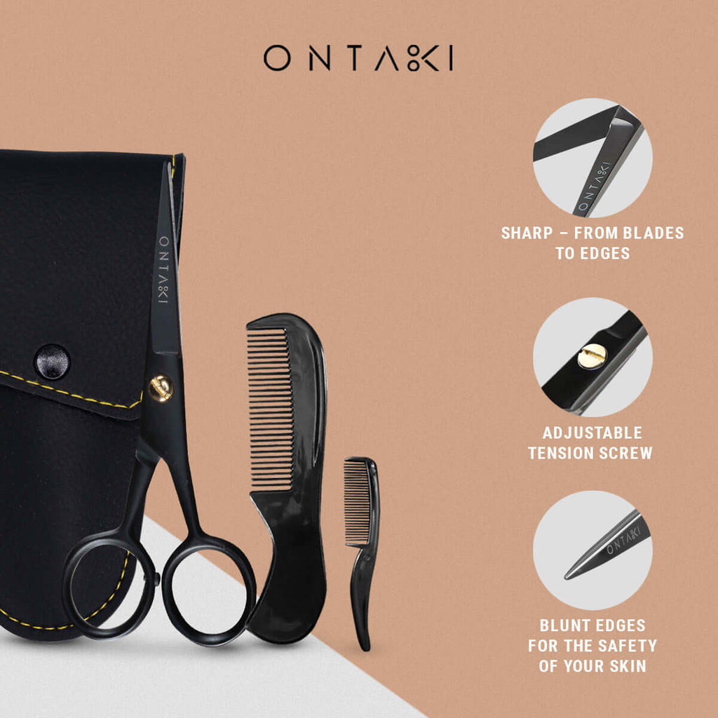 Ontaki hairdressing tools including scissors and combs on a beige background