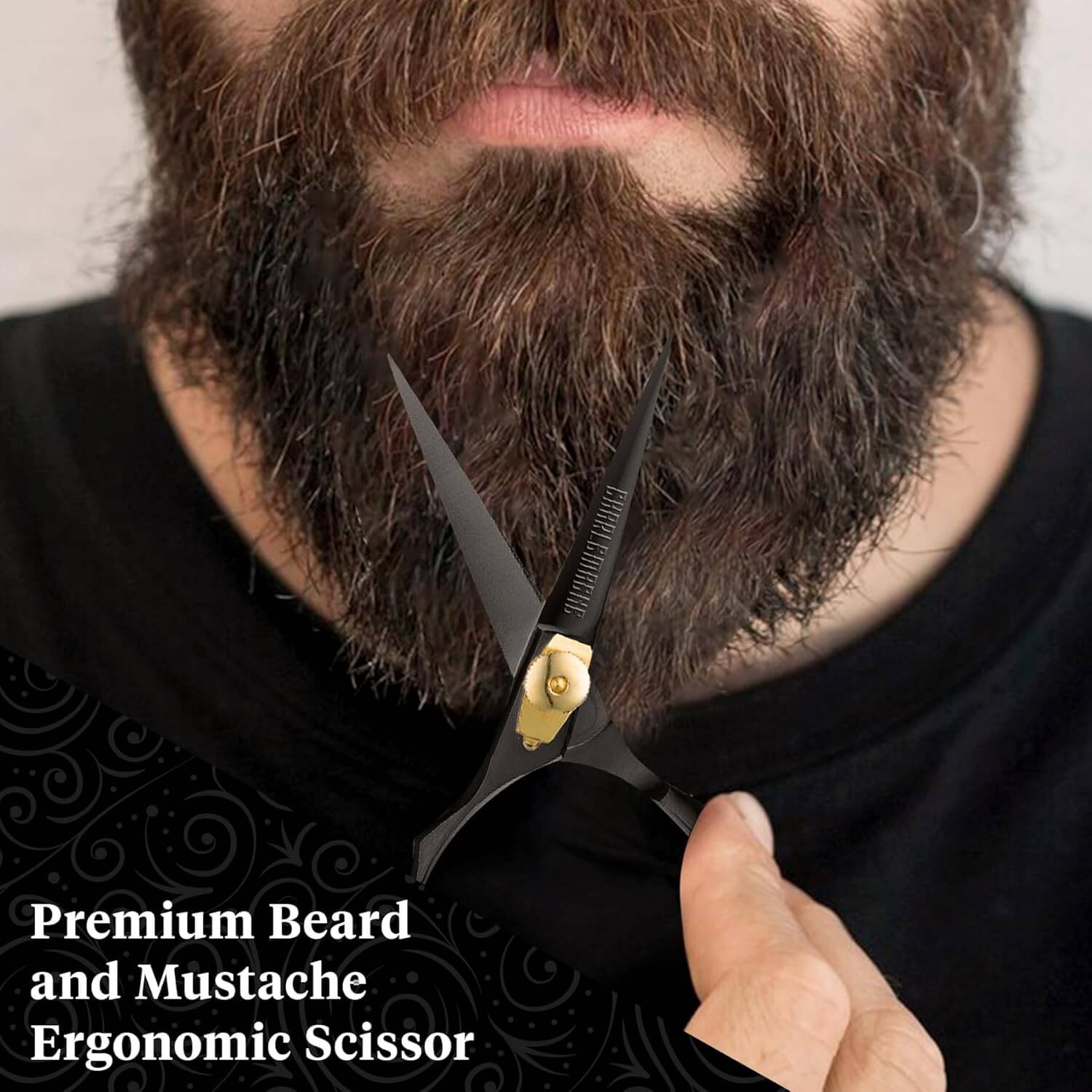 Person holding a pair of scissors with a focus on a beard, labeled as 'Premium Beard 