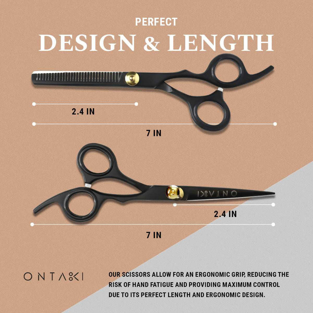 Hair cutting scissors with measurements and branding on a brown and gray background