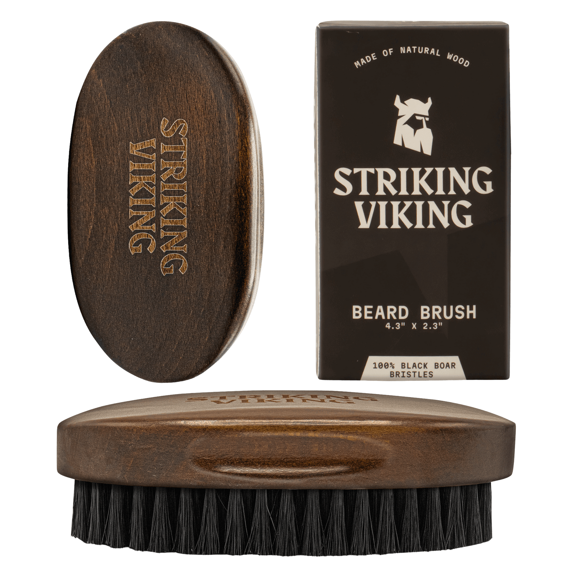 Wooden beard brush with 'Striking Viking' branding on a black background