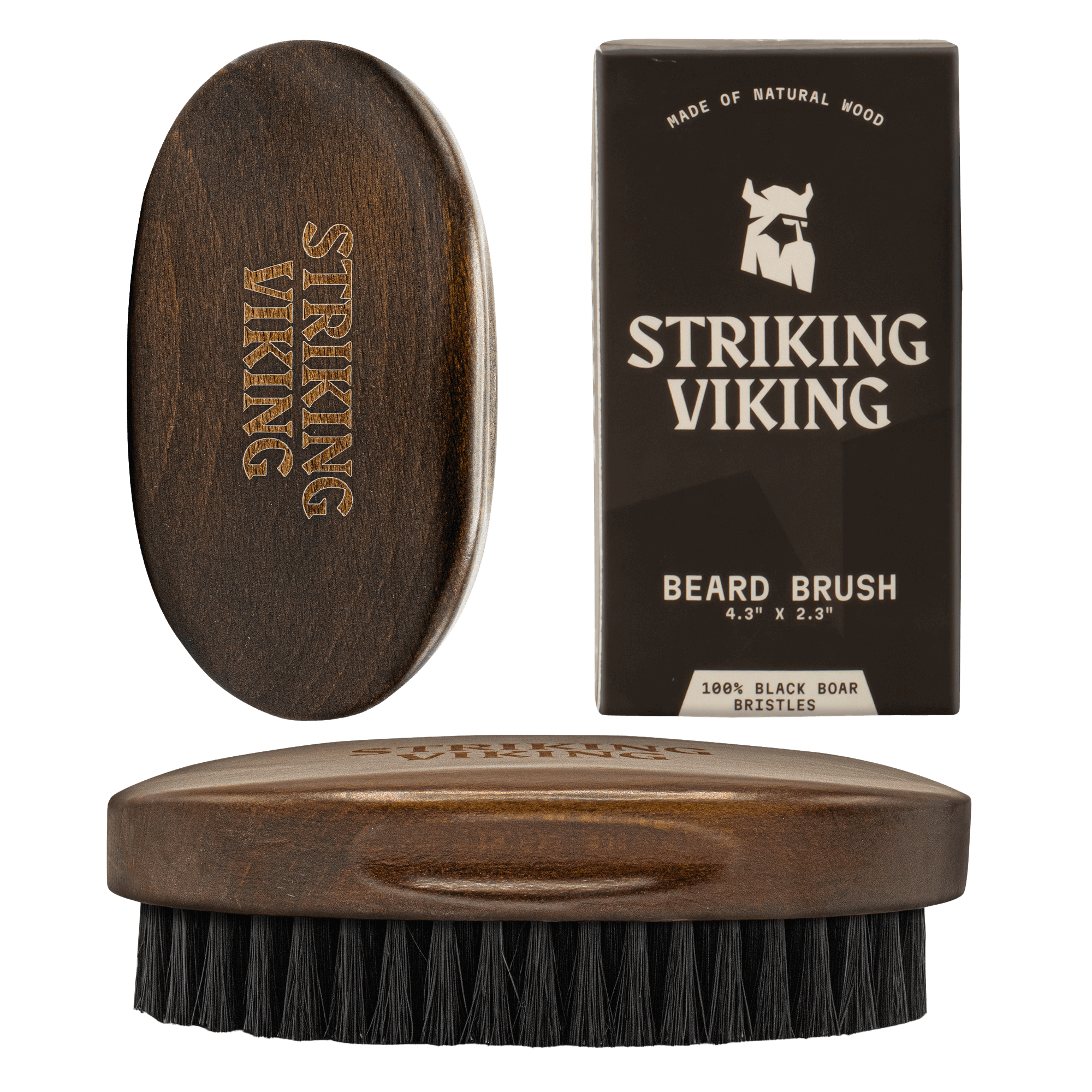 Wooden beard brush with 'Striking Viking' branding on a black background