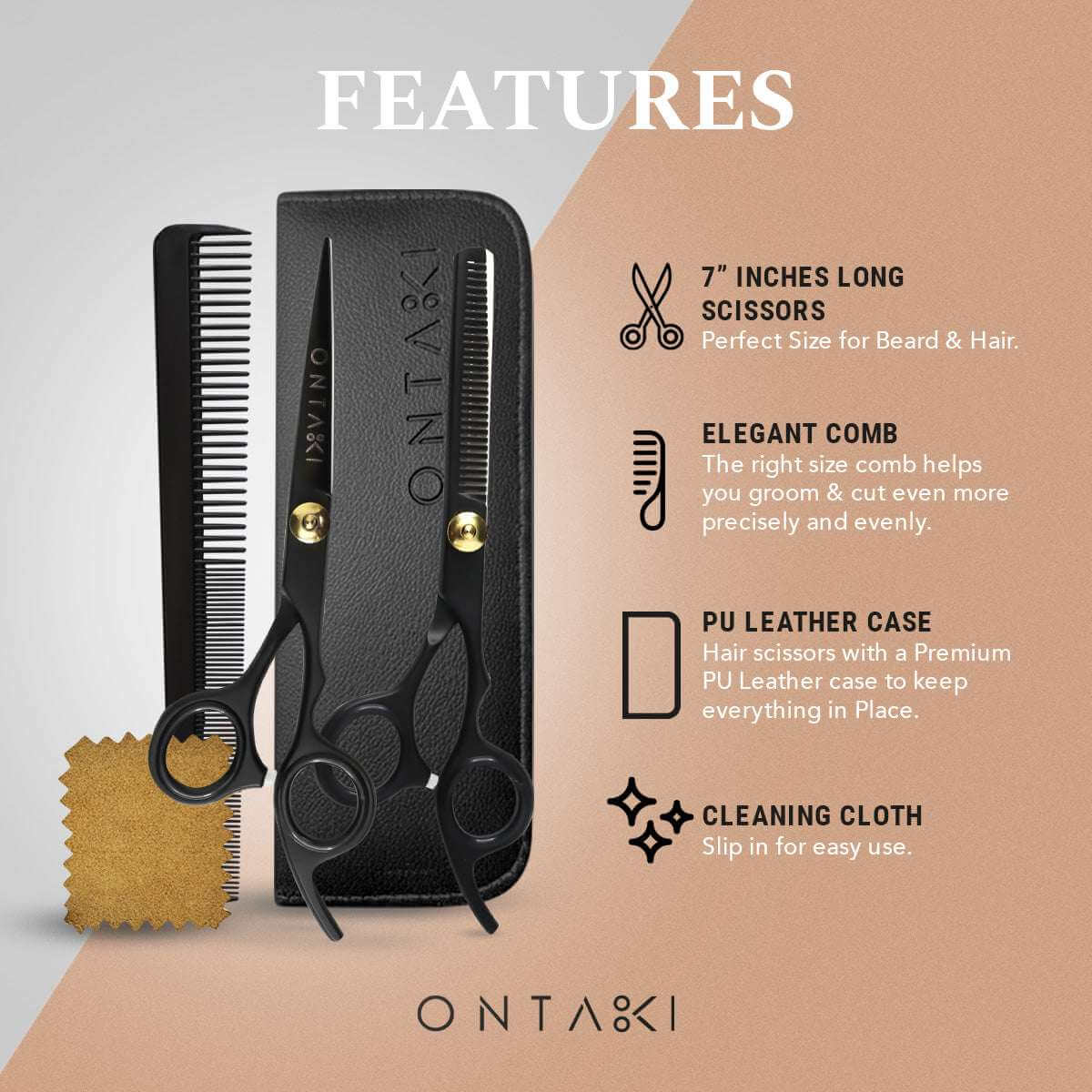 ONTAKI hair scissors set with comb and cleaning cloth on a gray and beige background