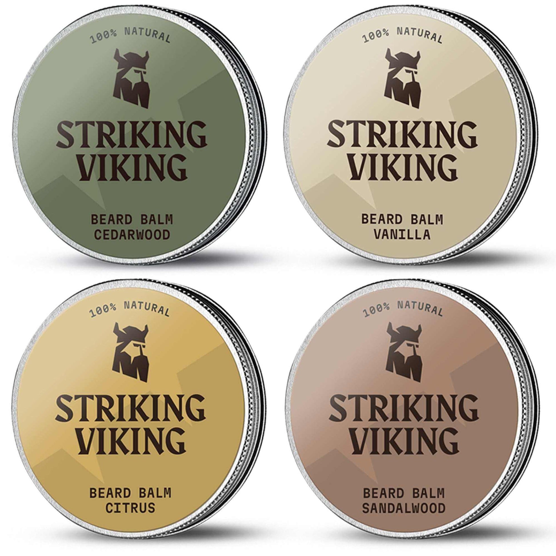 Four containers of Striking Viking beard balm with different scents on a white background