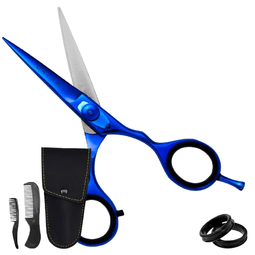 Blue hair cutting scissors with black sheath