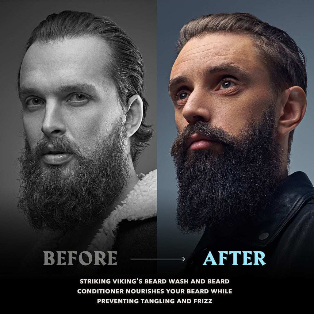 Before and after comparison of a man with a beard using a beard wash and conditioner.