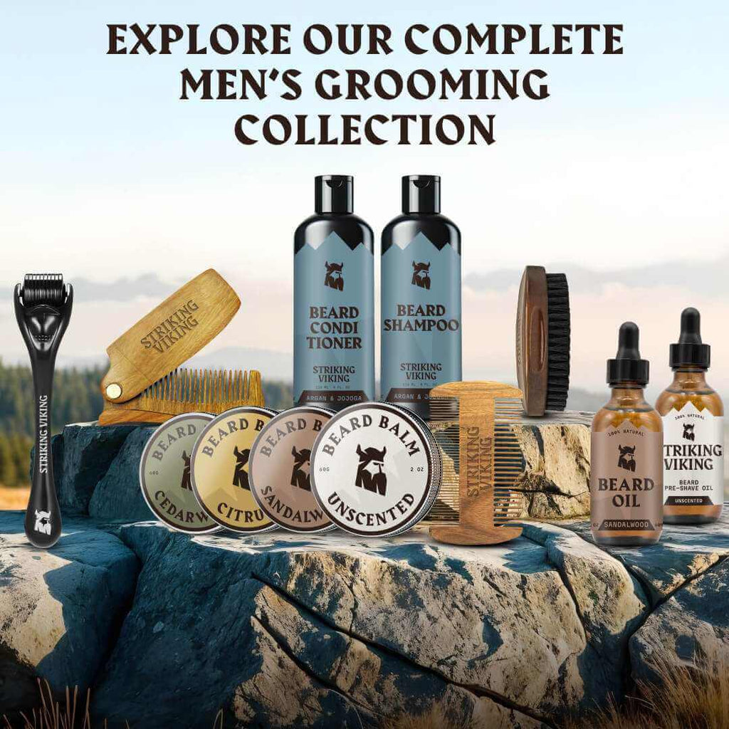 Men's grooming products including bottles