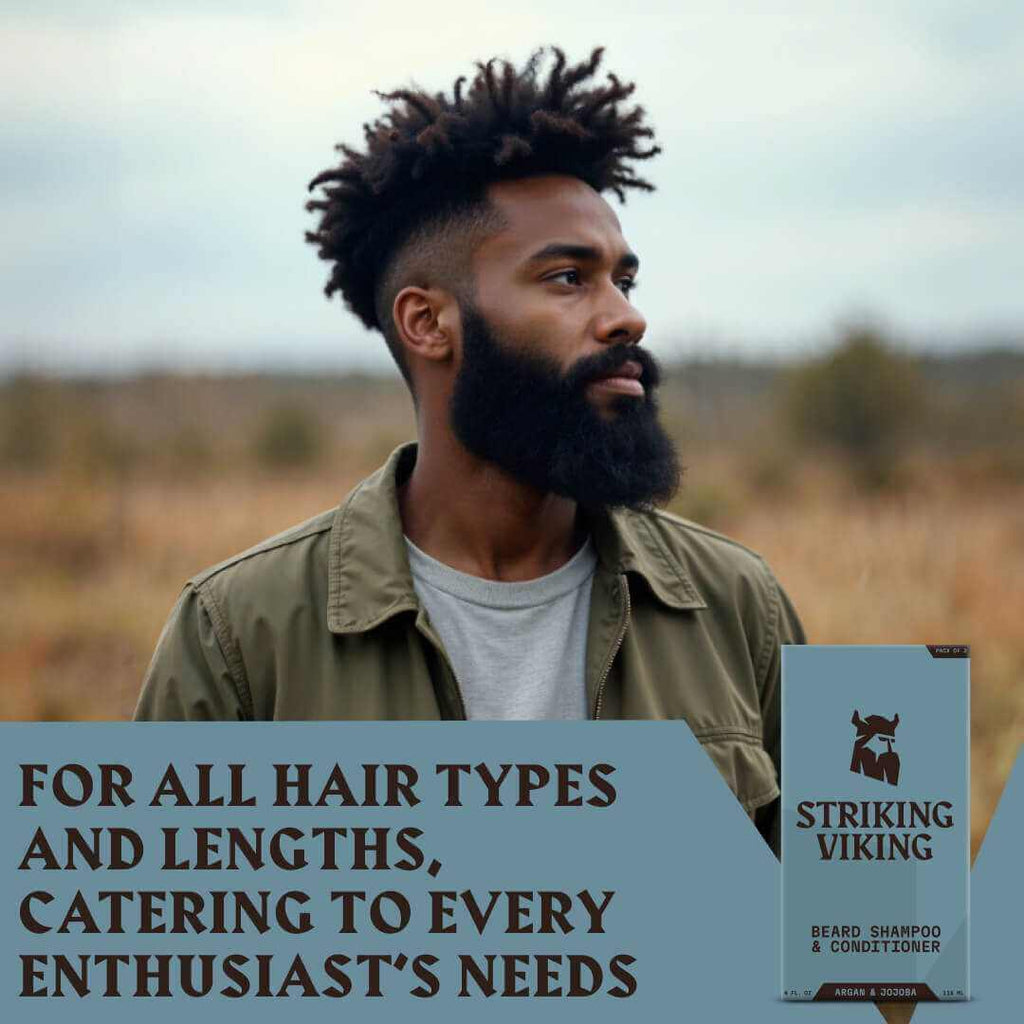 Man with a beard and mustache in a natural setting with Striking Viking product packaging.
