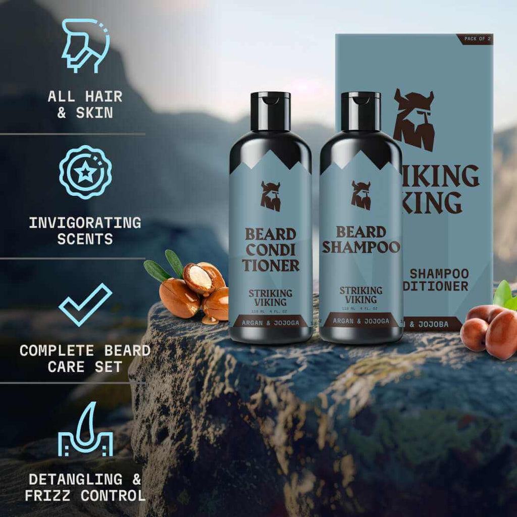 Beard care products with 'Striking Viking' branding on a textured surface