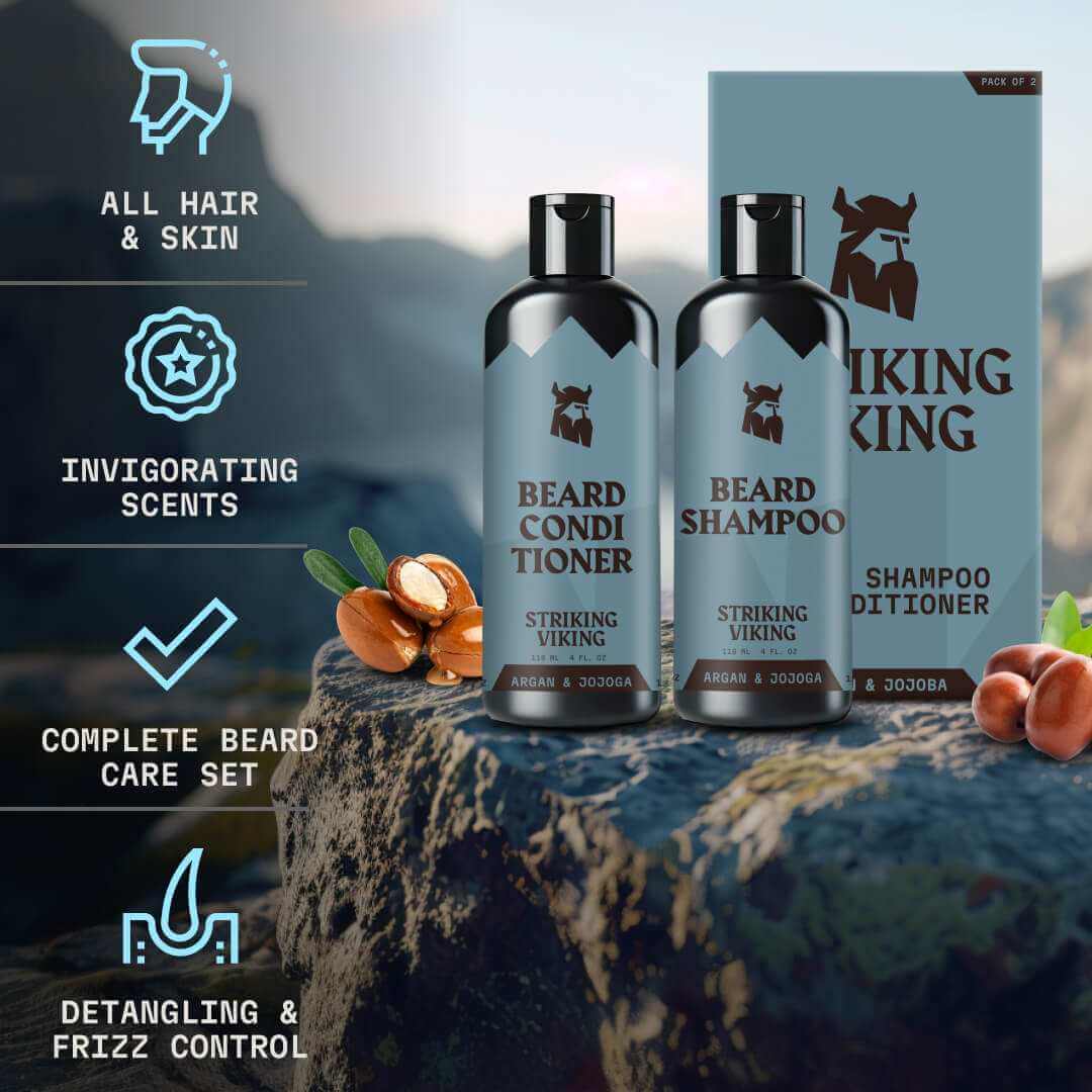 Beard care products with 'Striking Viking' branding on a textured surface