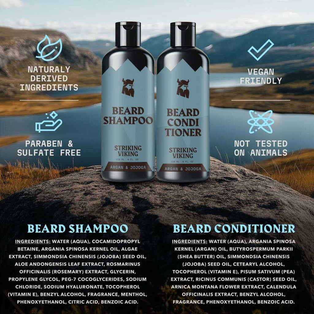 Two bottles of Striking Viking beard shampoo