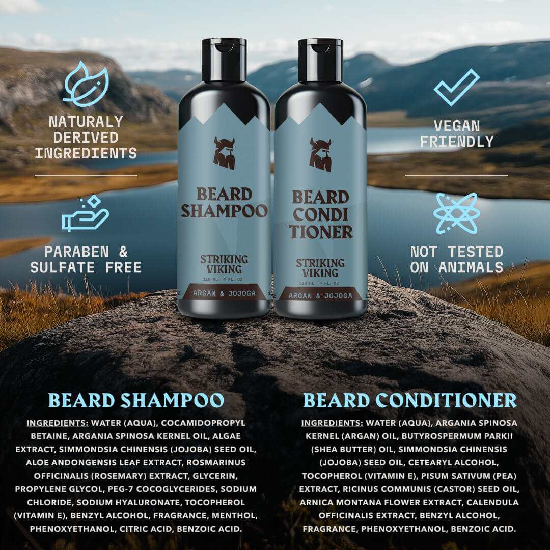 Two bottles of Striking Viking beard shampoo