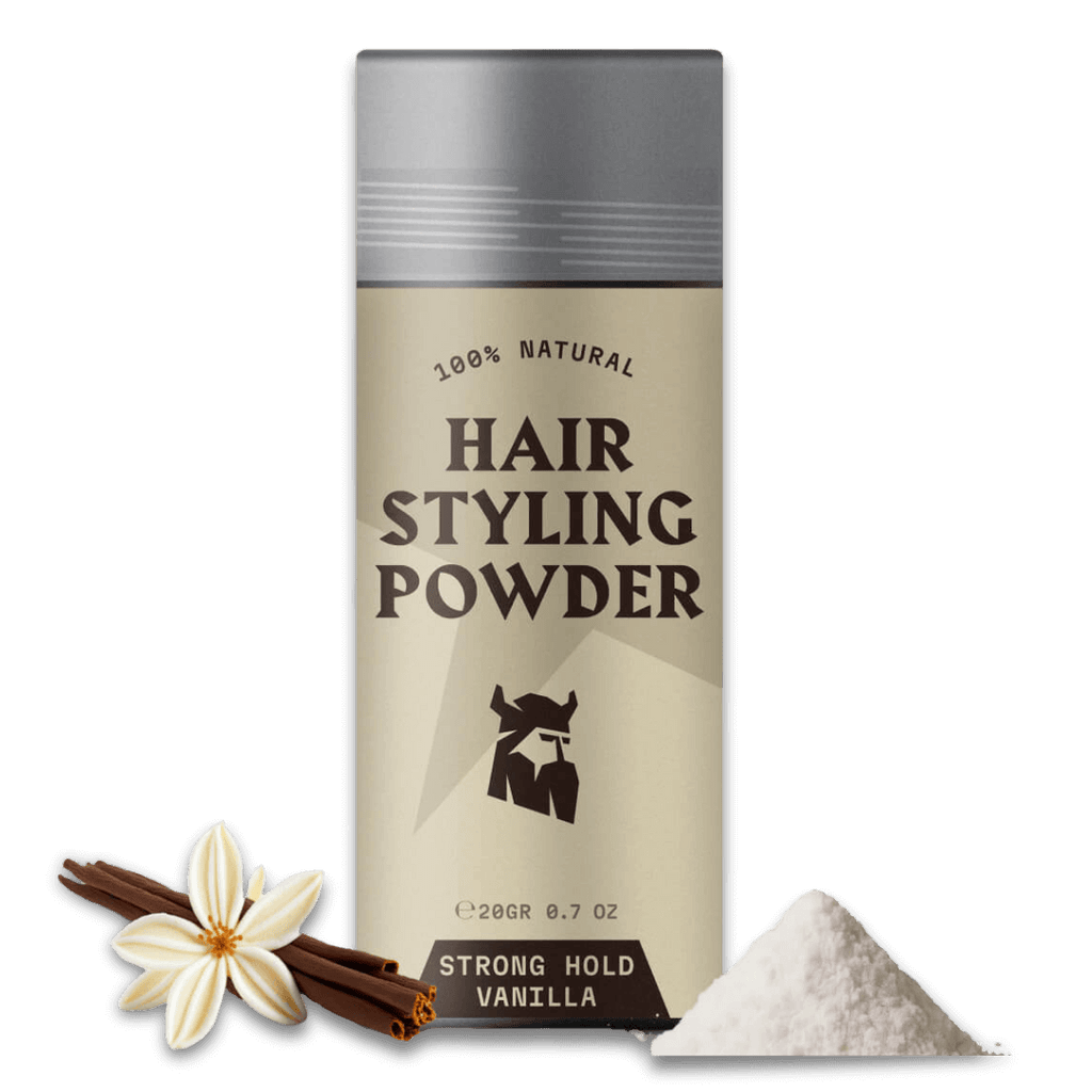 Hair styling powder canister with vanilla flavor on a white background