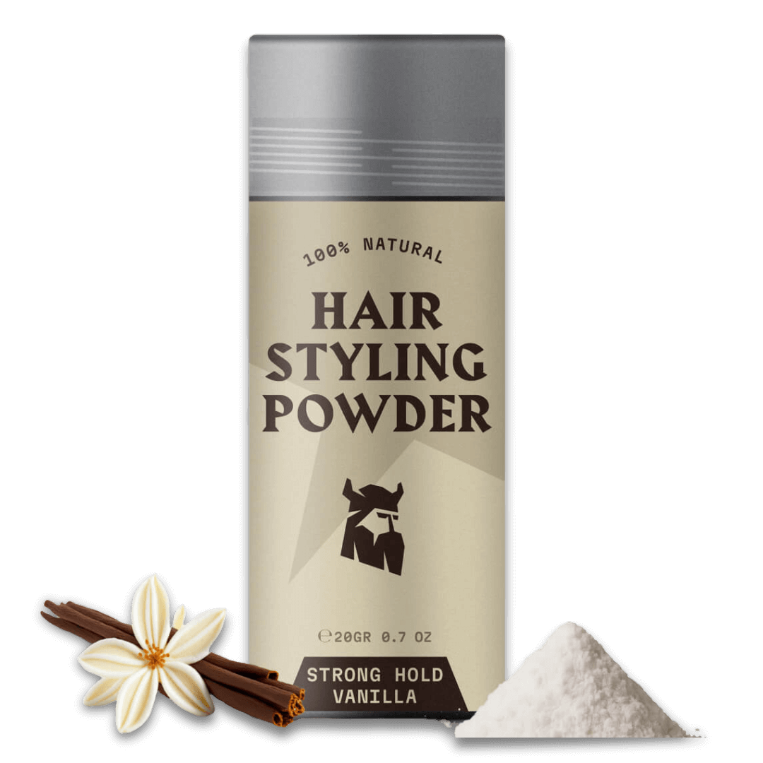 Hair styling powder canister with vanilla flavor on a white background
