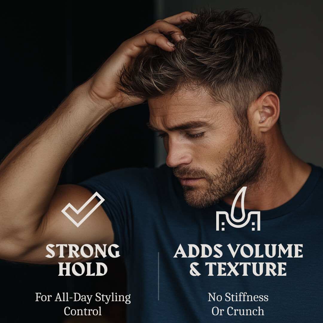 Man styling his hair with text highlighting product features on a dark background