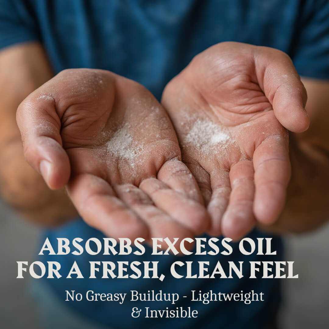 small amount of powder with text about oil absorption