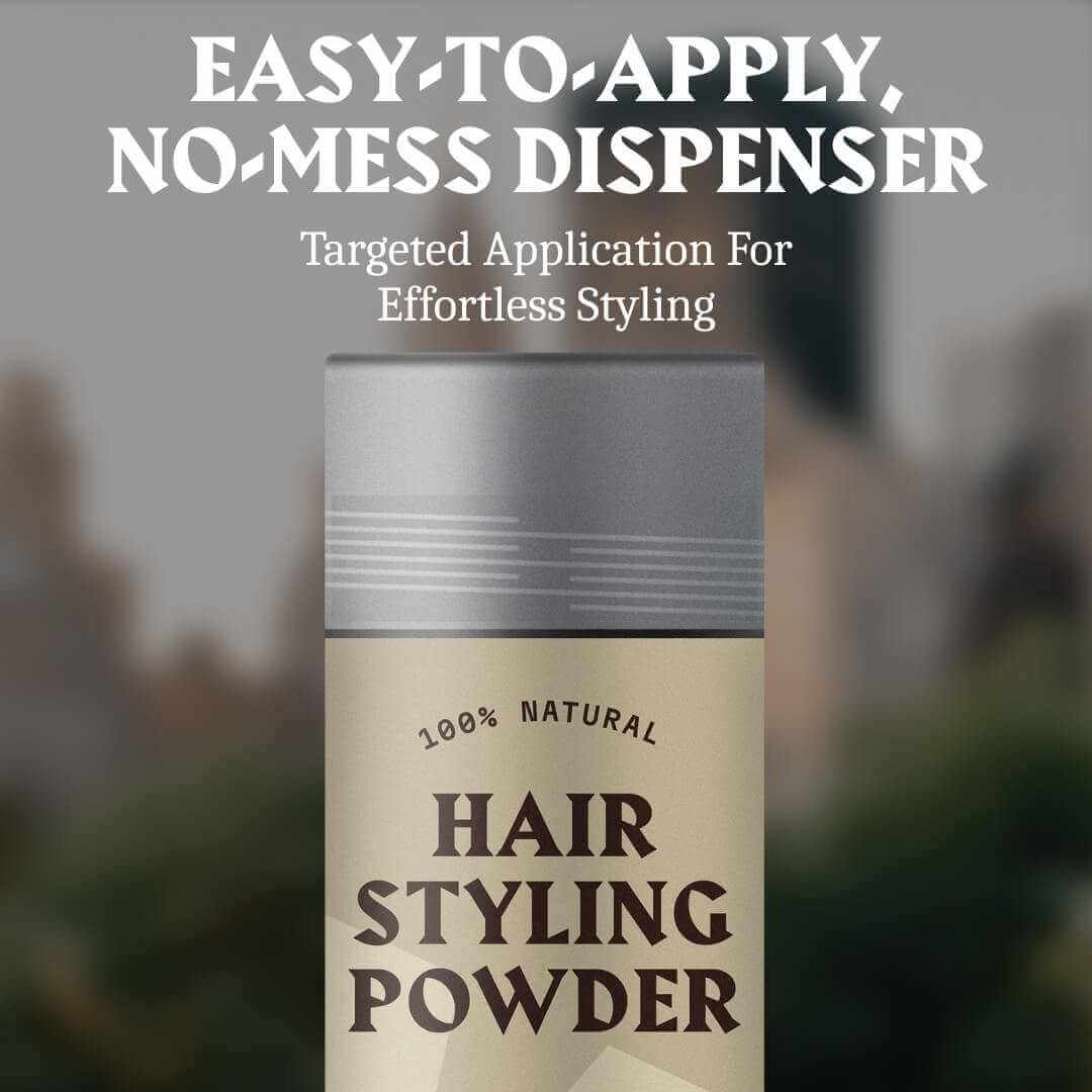 Hair styling powder can with text about easy application and no-mess dispenser.
