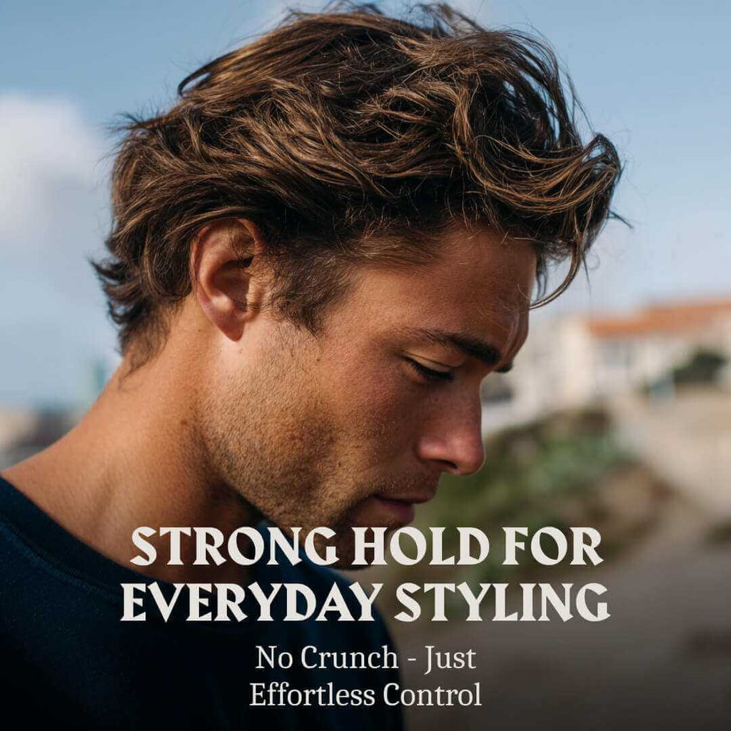 Man with styled hair against a blurred outdoor background with text about hair product.