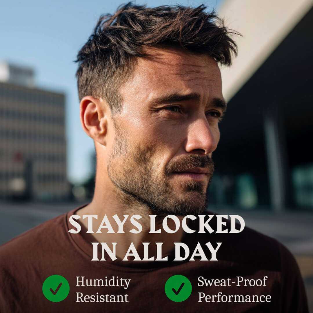 Man with text 'Stays locked in all day' and features about product performance.