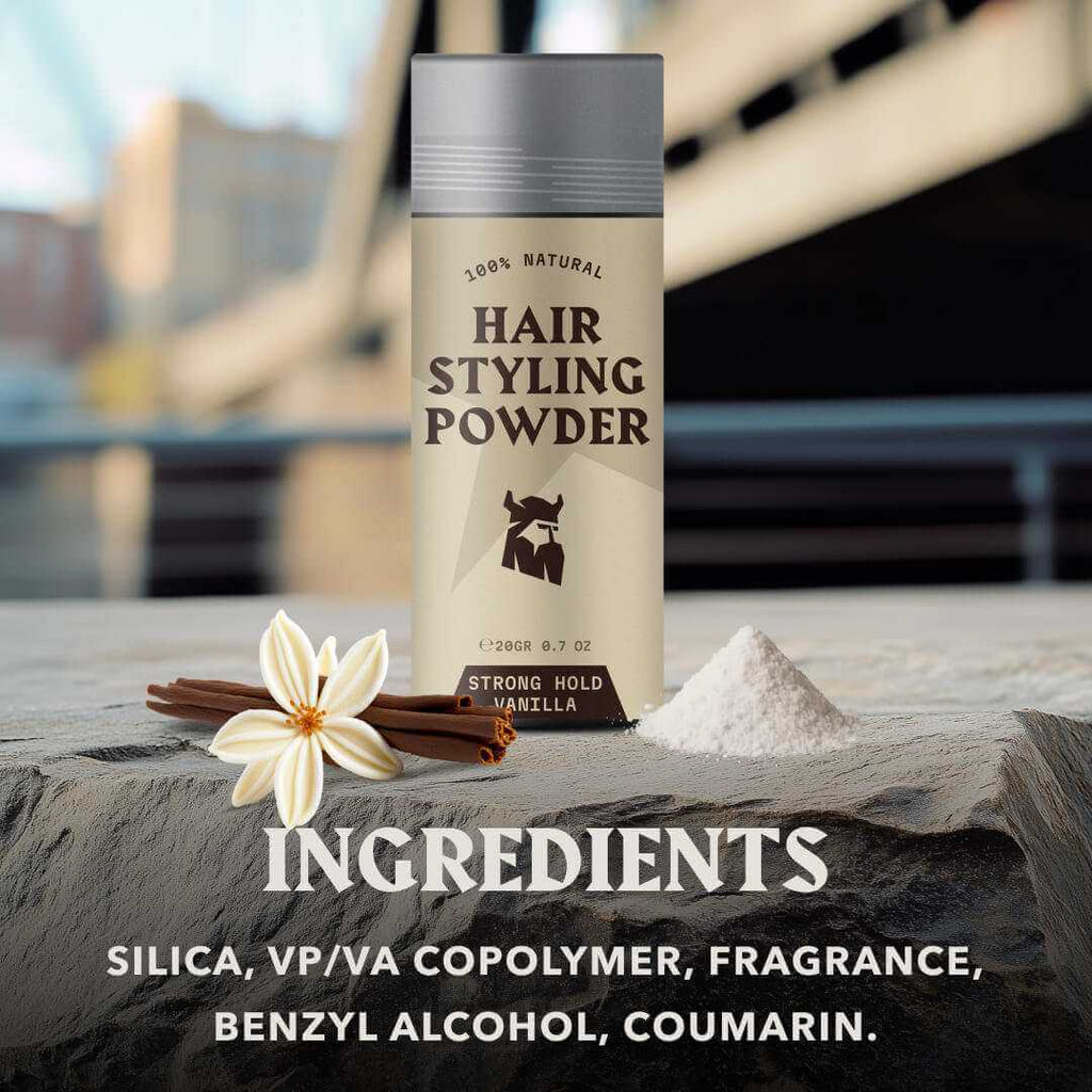 Hair styling powder with ingredients listed on a blurred background