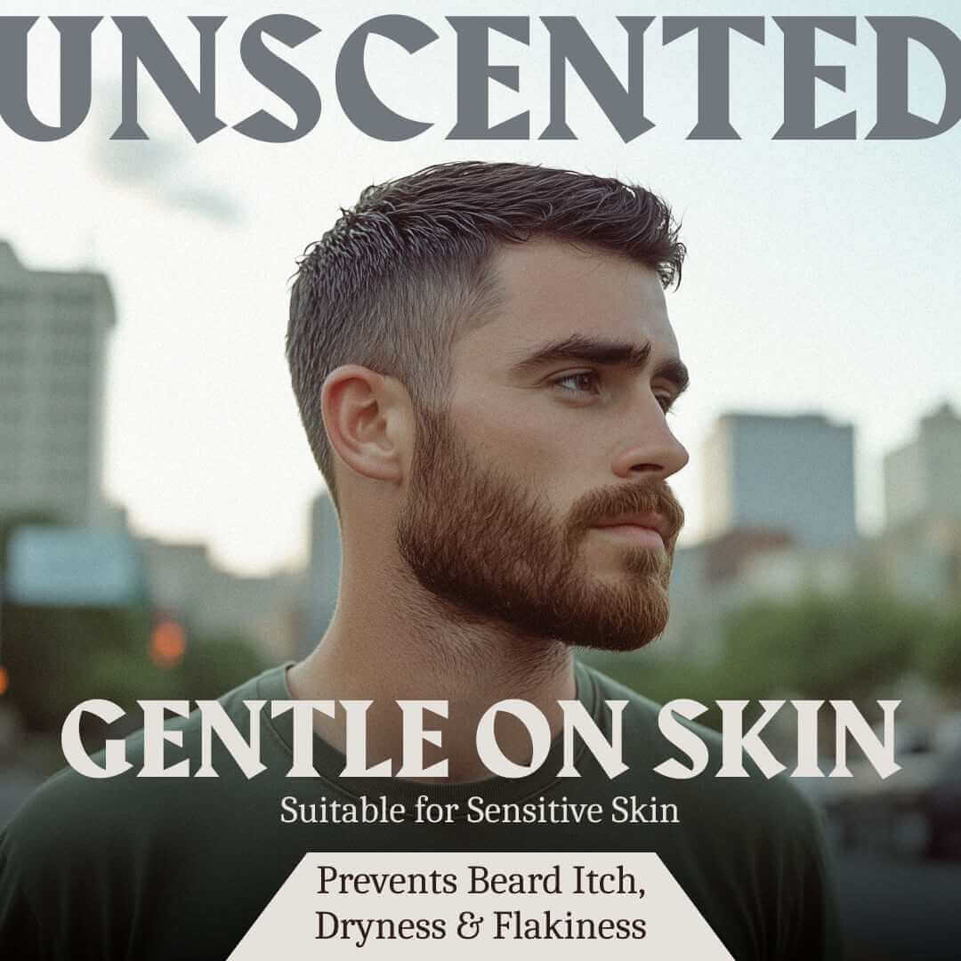 Man with beard and mustache looking to the side, with 'Unscented' branding and product claims text.
