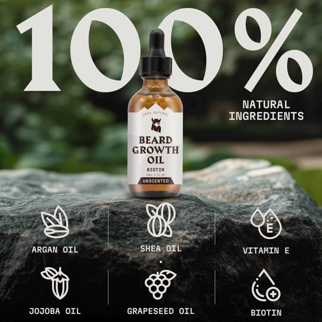 Bottle of beard growth oil on a rock with natural ingredients listed