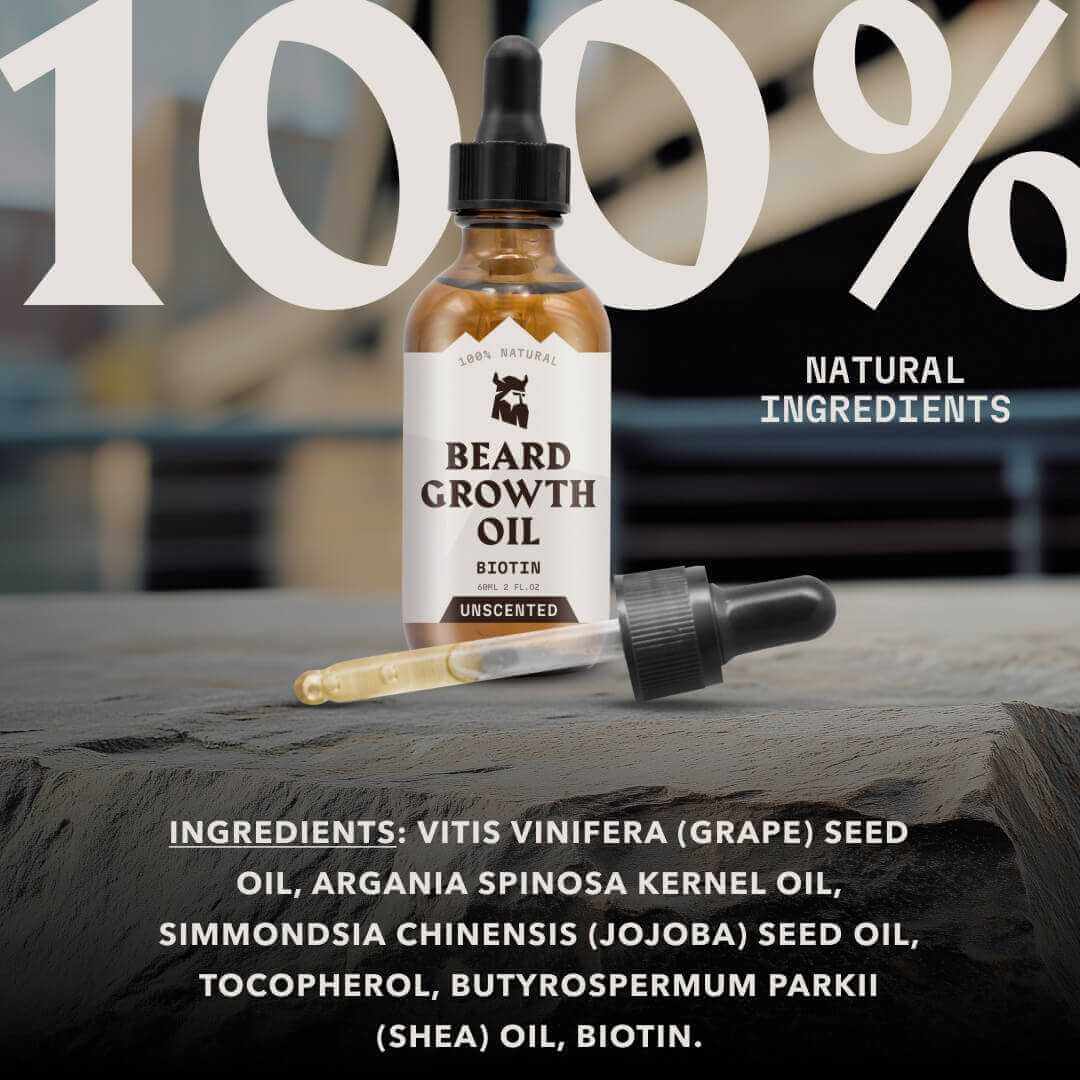 Beard growth oil bottle with dropper on a wooden surface, featuring natural ingredients text.