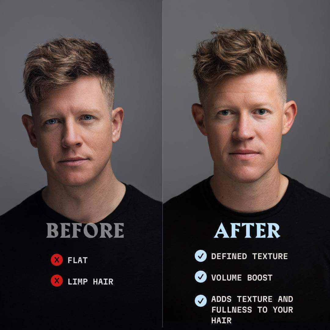 Before and after comparison of a man's hairstyle with text indicating improvements.