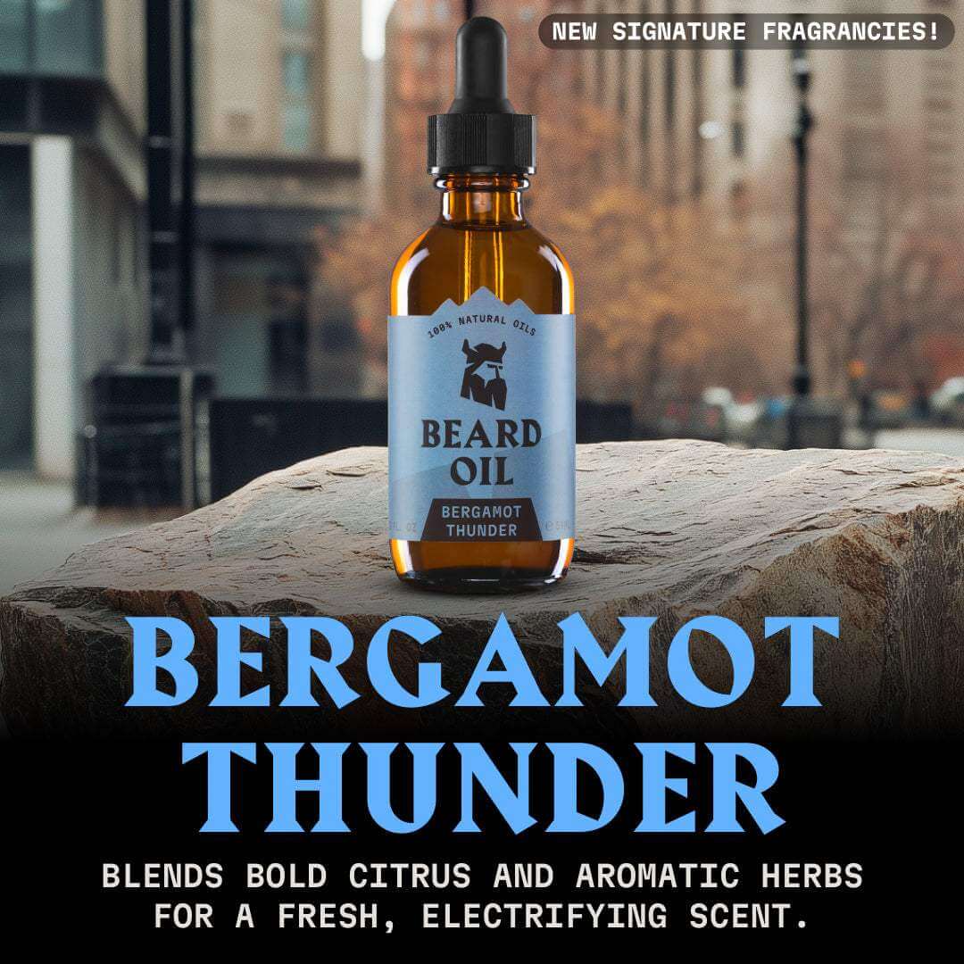 Bottle of Bergamot Thunder beard oil 