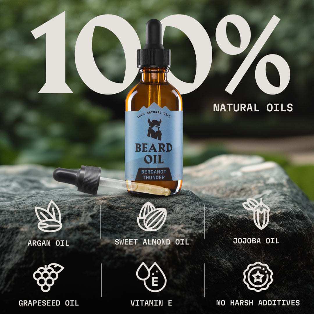 Beard oil bottle with dropper on a rock, surrounded by nature