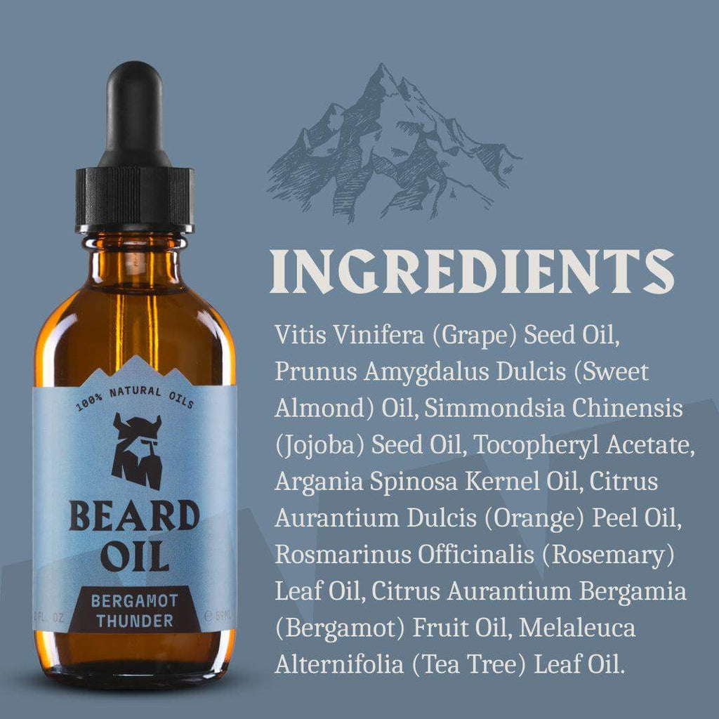 Bottle of beard oil with ingredients listed on a blue background