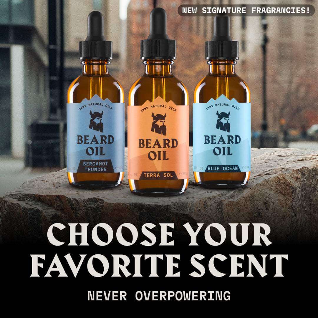 Three bottles of beard oil with labels on a stone surface, promotional text overlay.