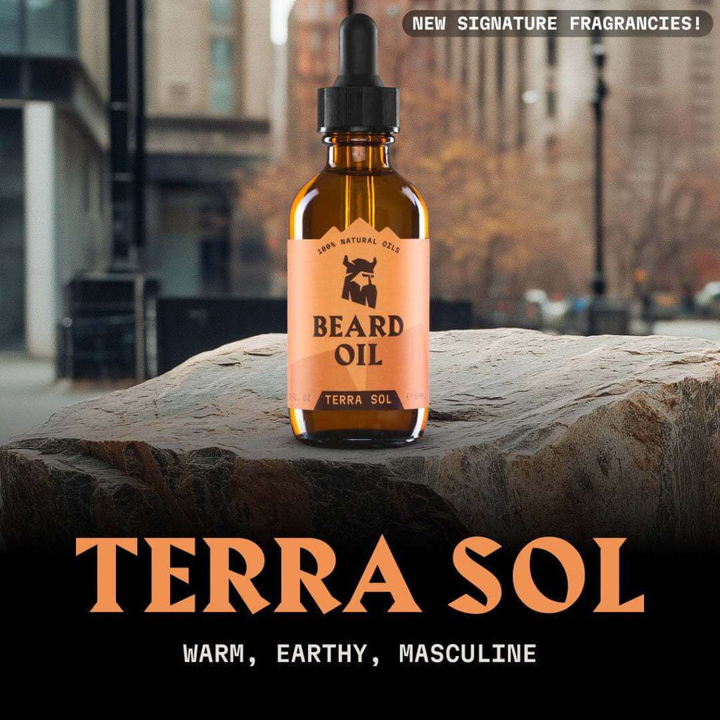 Terra Sol beard oil bottle on a rock with a blurred cityscape background
