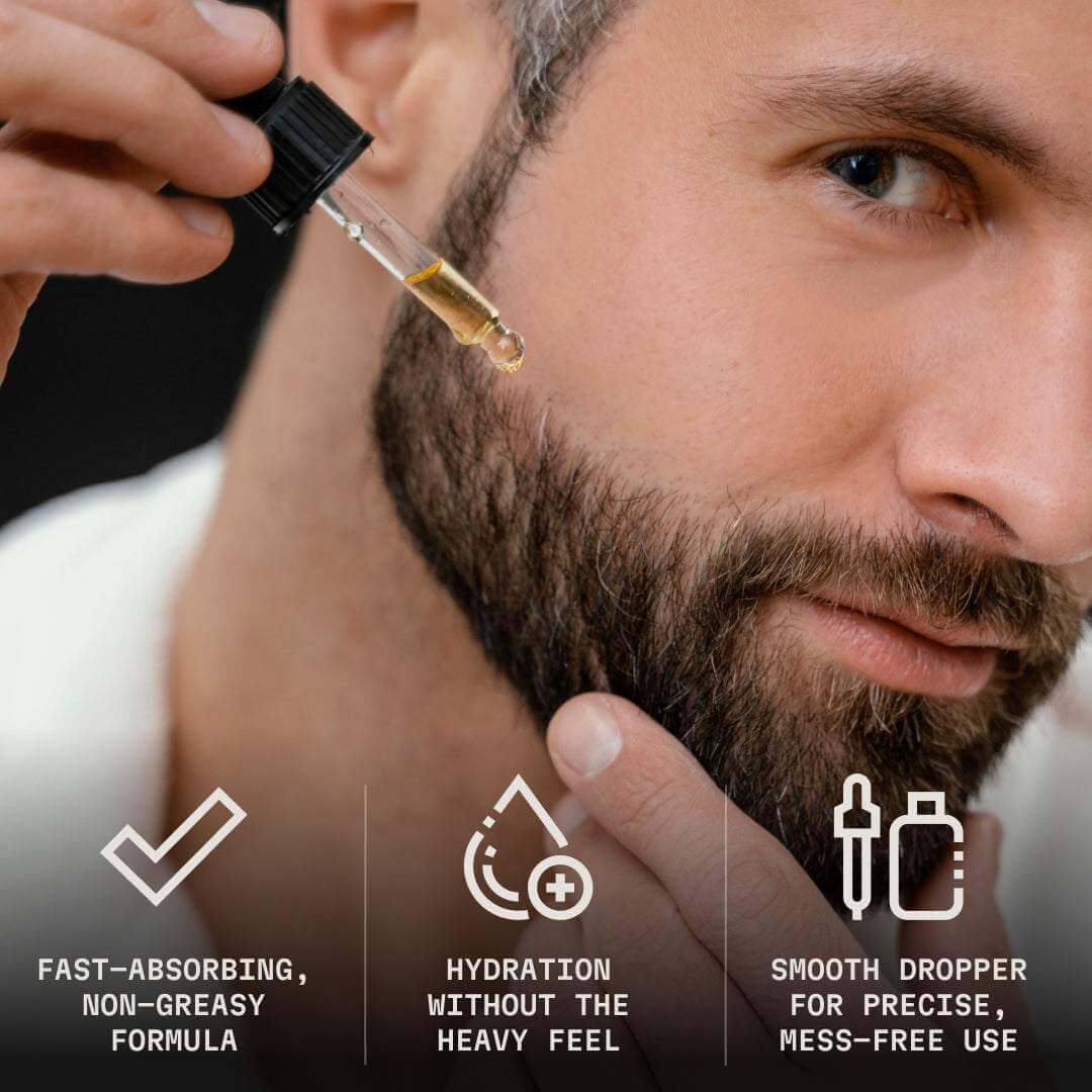 Man applying beard oil with a dropper to his beard, featuring product features