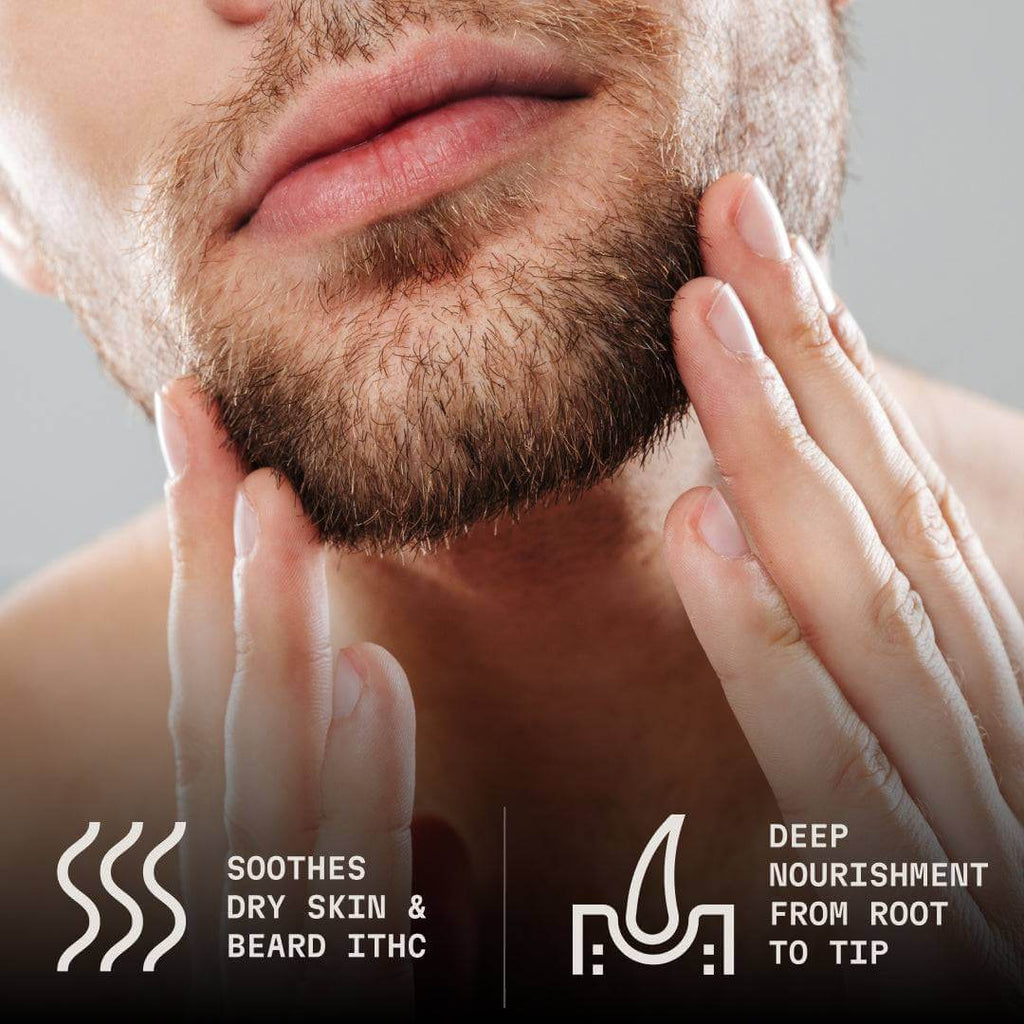 Close-up of a man touching his beard with text about skincare benefits.