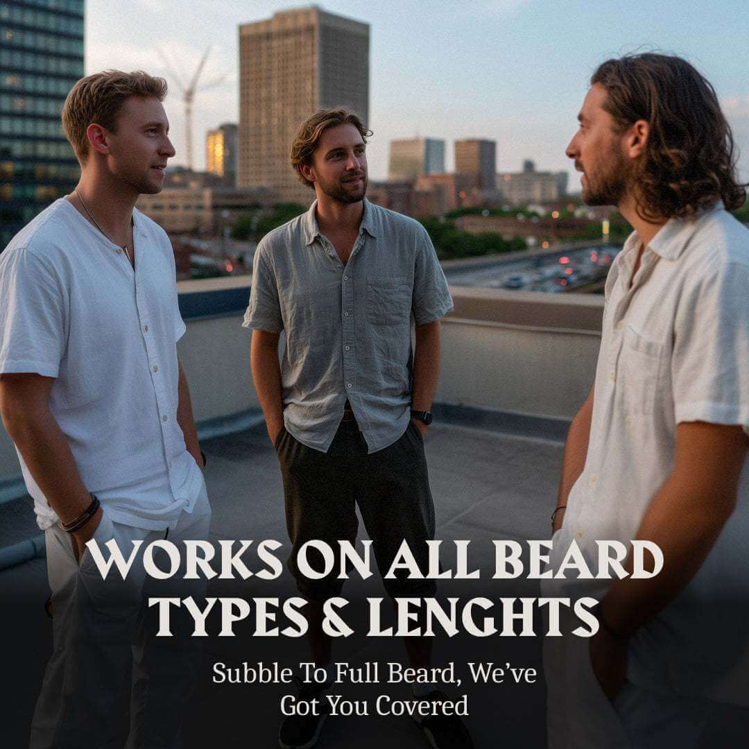 Three men standing on a rooftop with cityscape in the background