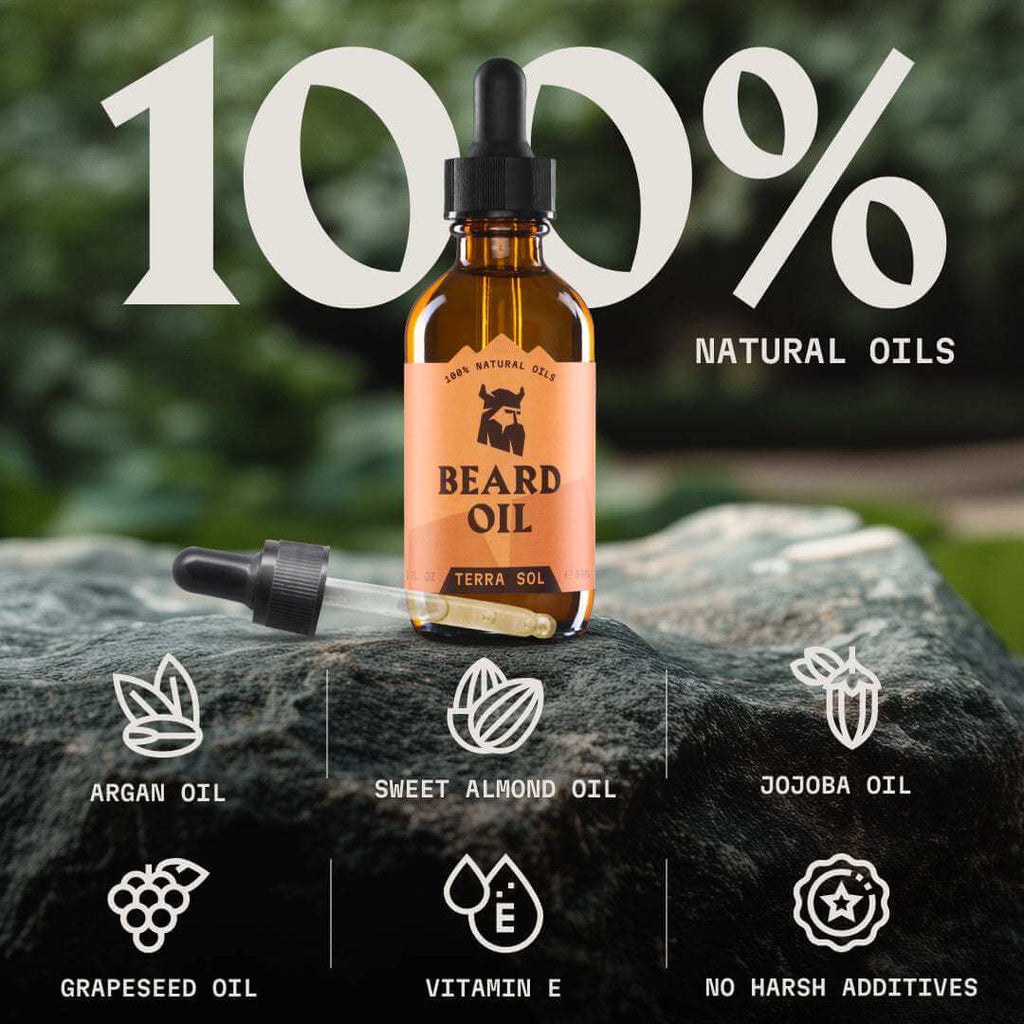 Bottle of beard oil with dropper on a rock, surrounded by nature, with text highlighting natural ingredients.