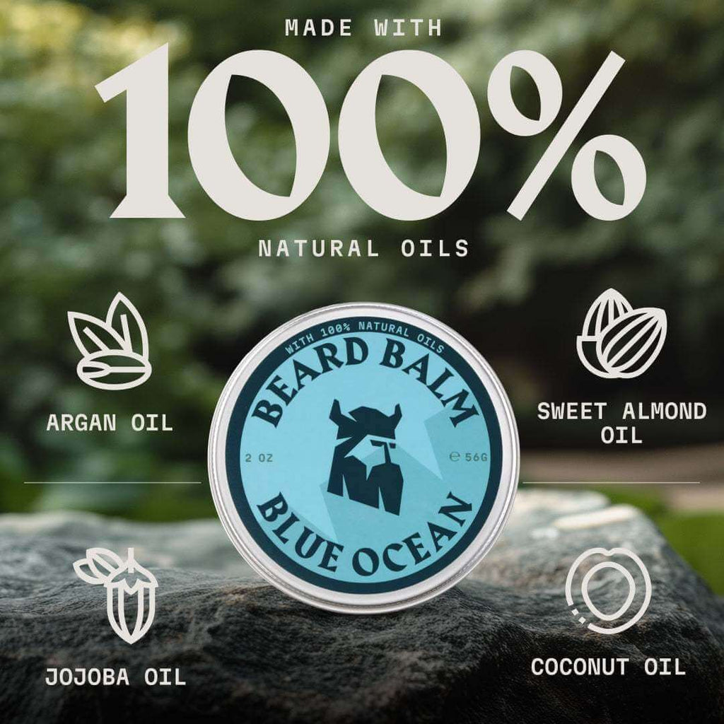 Beard balm packaging with natural oils ingredients on a stone surface