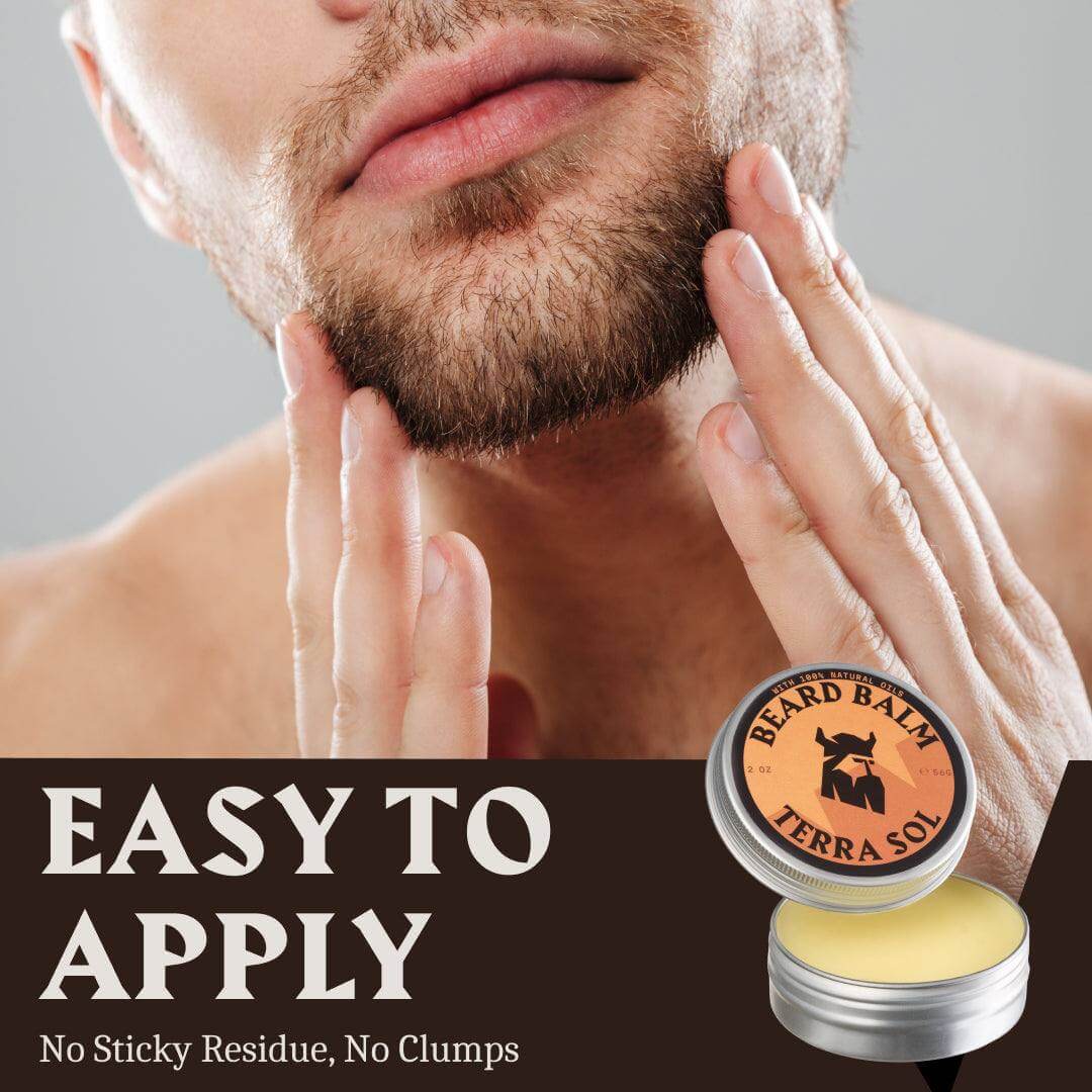 Man applying beard balm with text 'Easy to Apply' and product packaging.
