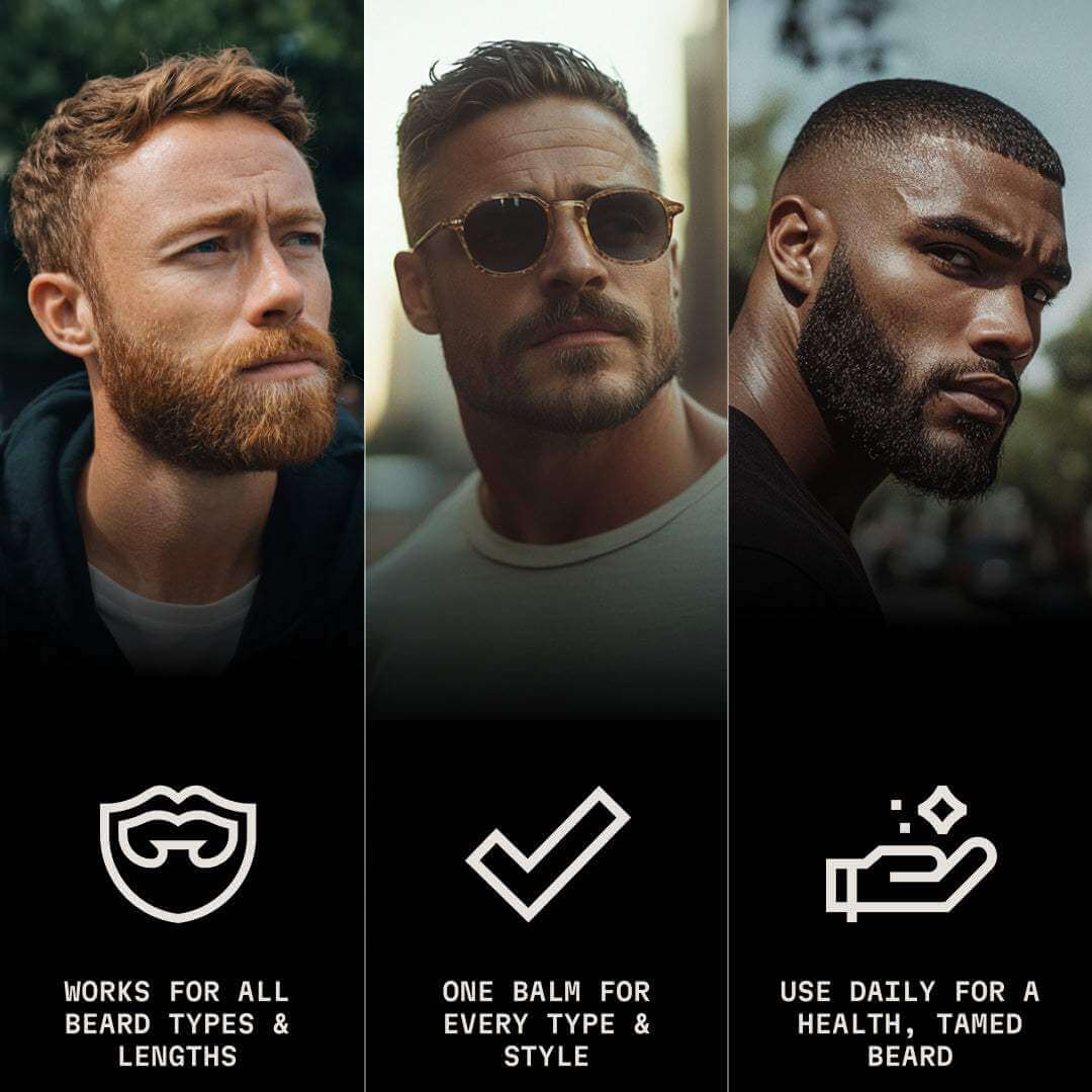 Three men with beards and sunglasses, with text and icons about beard care products.