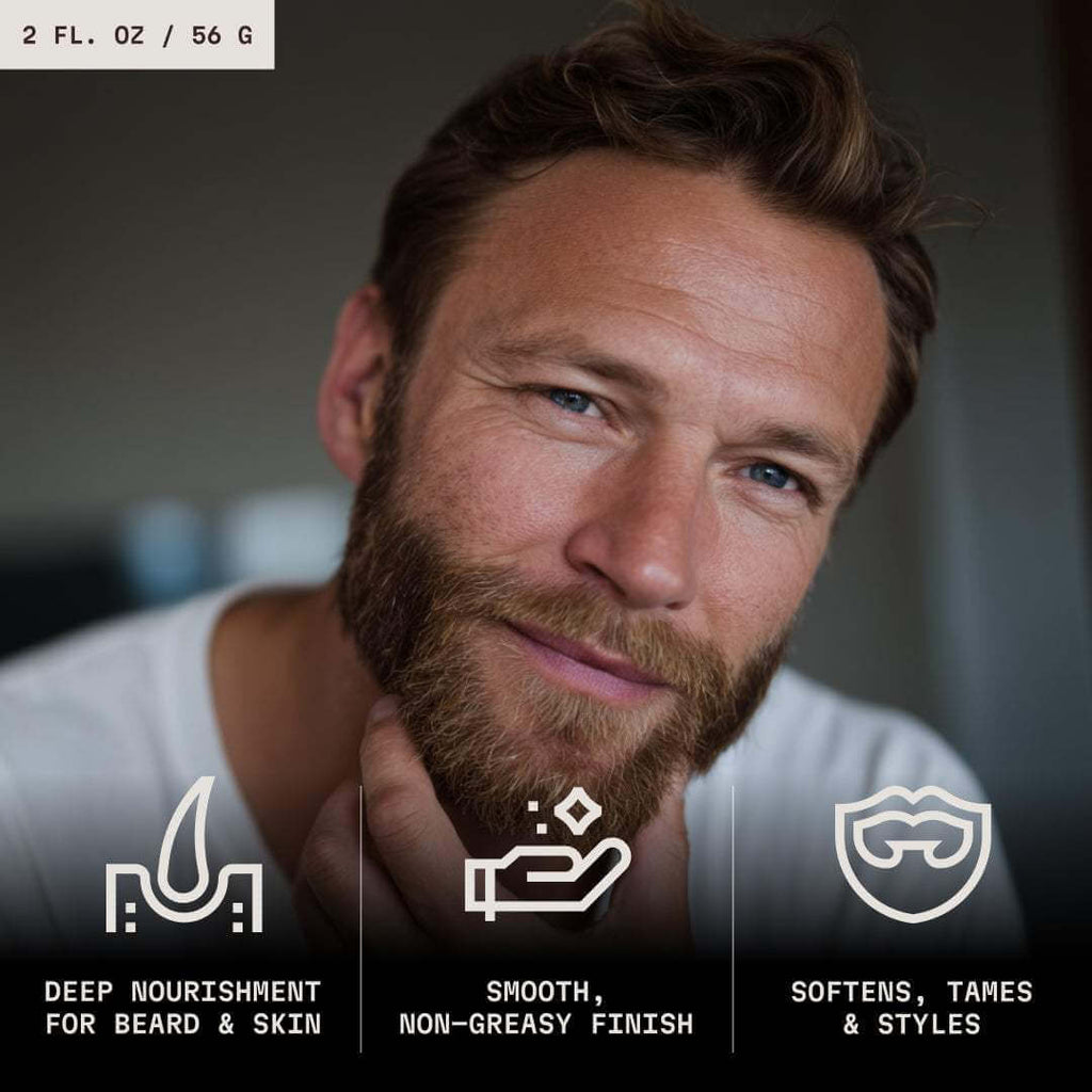 Man with a beard and mustache, with product features displayed below.