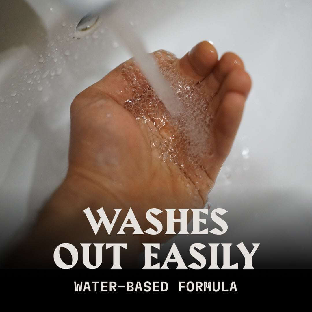 Hand with soap suds and text 'Washes Out Easily Water-Based Formula