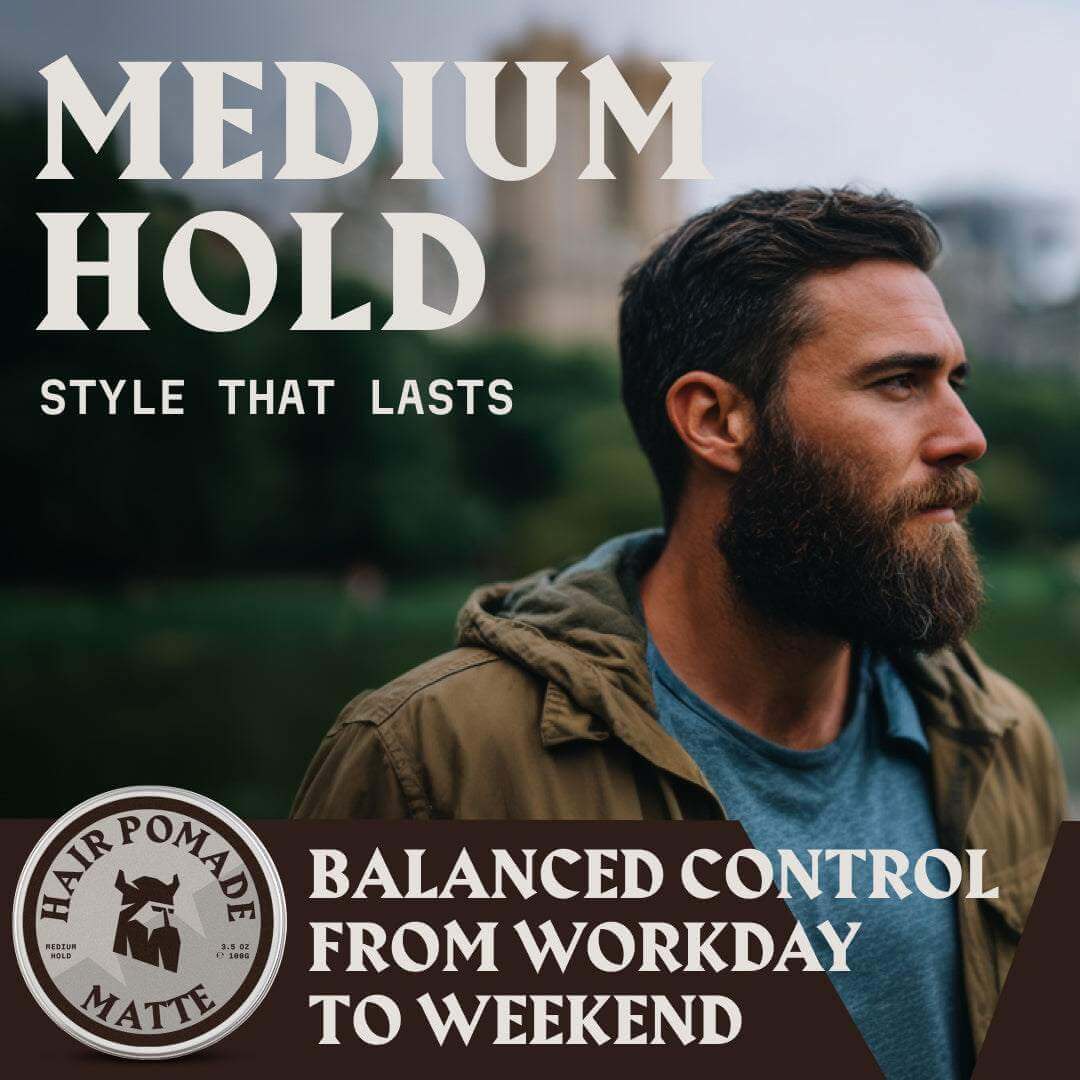 Man with beard and casual outfit with text about hair pomade product.